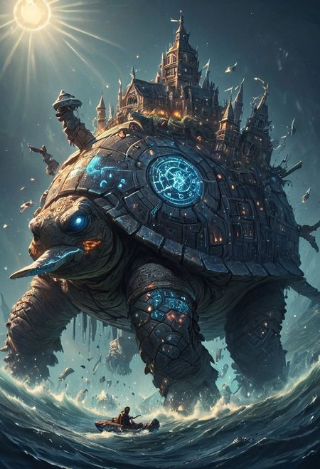 Big enormous giant energy turtle with magical fantasy city on its back, swimming in across monster ocean