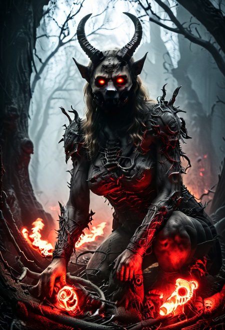 silhouette style, cinematic film still of the silhouette of an disembodied of a female demon,head, multiple eyes, horrific, with a megaphone instead of his head sitting on a branch at night, with glowing eyes, very detailed, haze lighting, backlit, 4k uhd masterpiece, blackmetal style, xerox, black and white, BadDream, UnrealisticDream, Doomguy, soviet poster, femalebonedemon