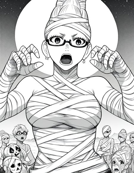 score_9, score_8_up, score_7_up, source_anime, <lora:seiko-ayase-manga-ponyxl-lora-nochekaiser:1>, seiko ayase, long hair, large breasts, monochrome, greyscale, earrings, glasses, hair bun, semi-rimless eyewear, under-rim eyewear,, <lora:mummy-costume-ponyxl-lora-nochekaiser:1>, mummy costume, bandages, halloween costume, bandaged arm, zombie pose, bandage on face,, desert, moon, night, open mouth, , dutch angle, cowboy shot