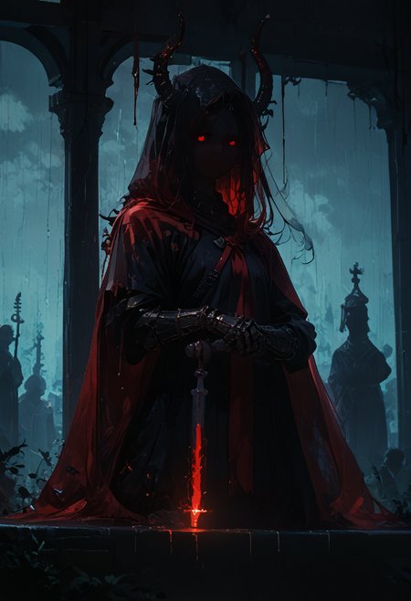 score_9, score_8_up, score_7_up, NLSTN, glowing, dark, a girl, horns, glowing tears, arm0rs3nt1n3l, templar, gauntlets, sheath, veil, cloak, hood up, pauldrons, sheathed, raining, looking_at_viewer, huge statue behind her, holding_dagger, red cape, <lora:sdxl_lightning_8step_lora:1> <lora:p-skin:1> <lora:NLSTN:1,1,0,0,1,0,1,1,1,0,0,0> <lora:ArmorSentinelV2:0,0,1,0,0,0,1,0,0,0,0,0>
