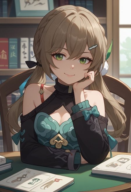 score_9, score_8_up, score_7_up, source_anime, 1girl, qingquedef, green eyes, brown hair, long hair, twintails, braid, hair ornament, hairclip, small breasts, bare shoulders, shoulder cutout, clothing cutout, cleavage cutout, turtleneck, dress, long sleeves, skirt, tassel, mahjong tile, mahjong, sitting, on chair, table, head rest, smile, closed mouth, looking at viewer, indoors, library, portrait, close-up, upper body, facing viewer, <lora:Qingque_v1-000010:1>