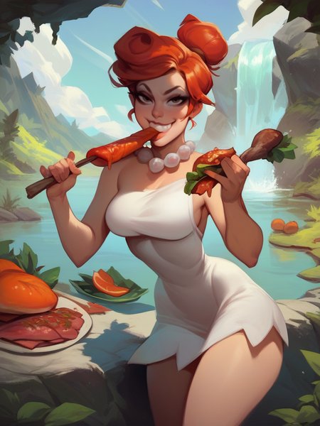 score_9, score_8_up, score_7_up, 1girl, dynamic pose, cowboy shot, looking at viewer, smile, lake, waterfall, vegetation, grabbing a meat, sexually suggestive, naughty face, eating, 
 <lora:AWilmaFlintstone_character-10V2:0.8>, WilmaXLP, orange hair, hair bun, makeup, white dress, bare legs, pearl necklace, cartoon,<lora:Bonifasco_PonyXL_v1:0.65>
