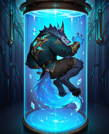 (artist:null-ghost),2024,digital drawing,bara,(artist:lindong:0.35),zPDXL2,masterpiece,best quality,amazing quality,(male focus),Close Up,(front),
<lora:Warwick:1>,WBWarwick,ornate (suit),glowing tail,Glowing fluorescent blue,Warwick,tubes,ripped shorts,bracers,(floating  inside glass ),
midair,(floating inside a huge glass water tank cylinder full of water),intricate futuristic design,wearing sleek  suit,flowing tail,sleeping peacefully,dark and ominous background with a faint laboratory visible through the glass,cinematic lighting,neon accents,dystopian mood,âfloating crystals,Culture tank,
best quality,newest,masterpiece,absurdres,highres,male furry,handsome,(solo),serene,