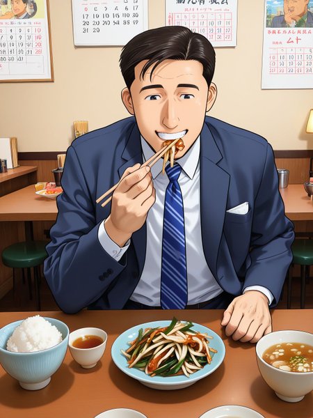 general,best quality, highres, hyper extreme detailed,8k wallpaper,indoors,restaurant,table,plate, BREAK
1boy,male focus, inogashira_goro_ilxl,smile, black eyes, formal, suit, standing,upper body, perfect anatomy, detailed face,from front, <lora:inogashira_goro_ilxl:1>,
(holding chopsticks:1.2),
indoors, restaurant, table, chair, lamp, counter, stool, poster (object), calendar (object),
many foods, chopsticks, spoon, bowl, plate, cup, saucer,
rice bowl, soup,stir-fried vegetables, yasaiitame,gyoza, 
<lora:machichuka-000006:1> machichuka