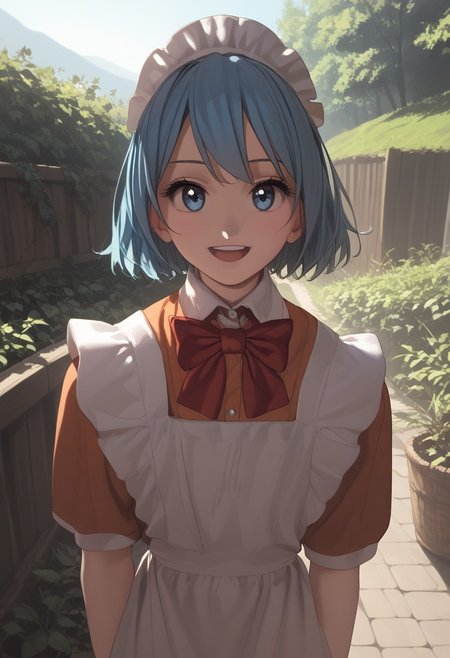 abbystea style, score_9, score_8_up, score_7_up, best quality, high detailed, BREAK
female, solo, long eyelashes, cute, 
Chikoi the Maid, maid, white maids headband, blue hair, short hair, blue eyes, Red bow tie, orange maid suit
looking at you,
scenery porn, outdoors,
sunlight, high angle, face focus, saturated colors, smile, open mouth