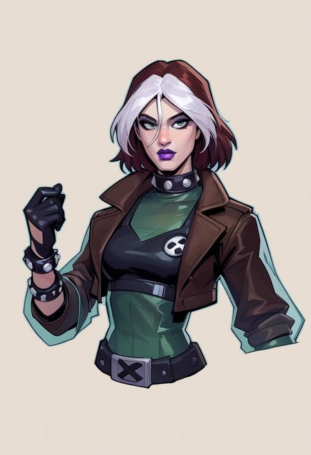 score_9, score_8_up, score_7_up, score_6_up, {Rogue, marvel}, 1girl, pale skin, lilac lips, lilac makeup, short brown hair with white bangs, EVOrogue, black sports bra, studded collar, green mesh top (covered chest), green transparent blouse, long sleeves, gray eyes, black leather skirt, gray tights, big black boots, studded bracelets, leather gloves, brown bomber jacket, fur trim, hood,
casual clothes, goth outfit, 
detailed face, pretty face, outline, cel-shading, sketch,