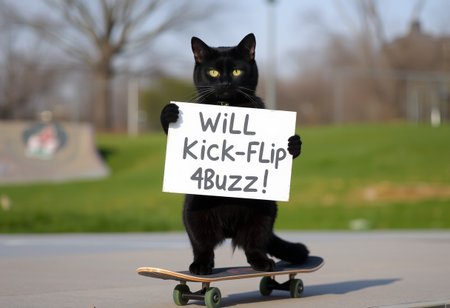 a black cat, it holds a sign saying "Will Kick-Flip 4 Buzz!", standing on a skateboard, skate park in background.