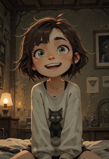 Arcane Style, longxiang_style,
1girl,
masterpiece, best quality, amazing quality, 
green eyes, freckles, dark-brown hair, asymmetrical bangs,
ahoge, 
happy, laugh,
bedroom,
very aesthetic, absurdres, hyper-detailed, 8k uhd, absolutely eye-catching, ambient occlusion, raytracing,