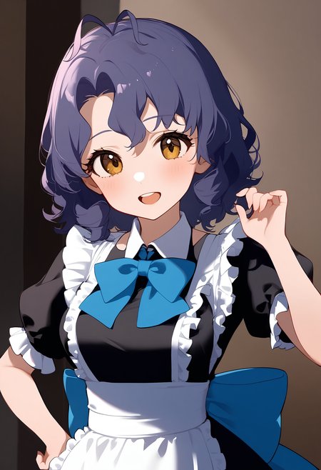 1girl,
toyokawa fuka,


blush, frilled dress, alternate costume, curly hair, blue bow, light smile, open mouth, enmaided, frilled sleeves, breasts, back bow, black dress, standing, maid, medium hair, yellow eyes, upper teeth only, blue bowtie, short sleeves, purple hair, collared dress, teeth, frills, hand up, bow, dress, cowboy shot, hand on own hip, wavy hair, bowtie, frilled apron, antenna hair, hair between eyes, maid apron, solo, large breasts, apron,

sfw
<lora:a31_char_new_toyokawa_fuka:1> <lora:a31_style_koni-000010:0.8>