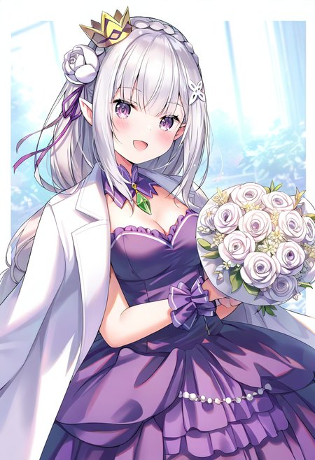 1girl,emilia \(re:zero\),re:zero kara hajimeru isekai seikatsu,blush,coat,coat on shoulders,dress,elf,flower,grey hair,hair flower,hair ornament,long hair,looking at viewer,pointy ears,purple eyes,smile,solo,white flower,x hair ornament,wide sleeves,holding bouquet,strapless dress,bare shoulders,gem,mini crown,breasts,white rose,crown,purple ribbon,medium breasts,bouquet,:d,detached collar,french braid,upper body,frilled sleeves,braid,alternate costume,purple gemstone,hair ribbon,open mouth,holding,cleavage,frills,rose,ribbon,straple dress,purple dress,long sleeve,white coat <lora:caoXL_NBVP1_lokr_V6311PZ:0.95>