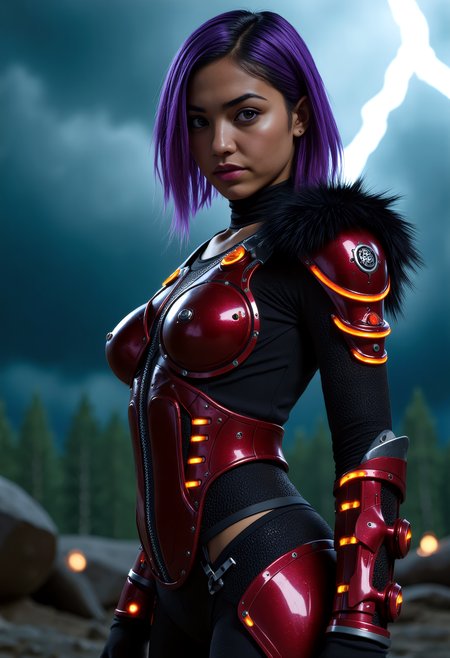 vikingpunk style  mature  biopunk evolution female (XX) mexican, ebony skin, hazel eyes, character, Muscular build, short Layered  purple hair, ,, wearing a neon red mechanized bear pelt armor, gravity boots, neural implant, set in  a digital valhalla-simulation, a vibrant afterlife accessed through neural implants, where VikingPunk warriors relive glorious battles and feast eternally in a neon-lit hall. , during a storm,,   <lora:flux_trainer/moxiePunk_v4D>