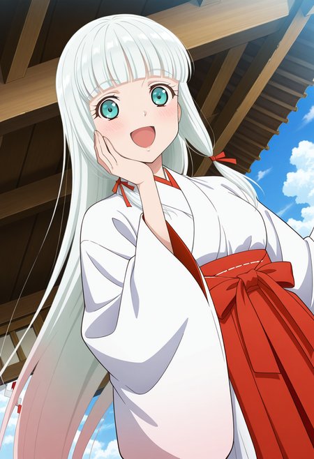 shrine, trees, clouds, day,
BREAK,
open smile, blush, hand on cheek,
cowboy shot, dynamic angle,
BREAK,
<lora:lailahI_illustriousXL_v04:1>
lailahrnd, gradient hair, silver hair, aqua eyes, very long hair, straight hair, blunt bangs, tied sidelocks, 
miko, hakama, red hakama, 
sandals, white tabi, source_anime, very aesthetic, anime coloring, masterpiece, 
best quality, amazing quality, ultra detailed, very aesthetic, 
detailed background, 
BREAK,