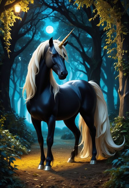 (medium full shot) of (pure graceful unicorn), blue eyes, midnight black sleek coat, twisted horn, silky mane, golden hoofs, set in  a vibrant magical grove, featuring lush foliage, curious creatures, a lively atmosphere, under the moonlight, ,Masterpiece,best quality, raw photo, realistic, very aesthetic, dark
