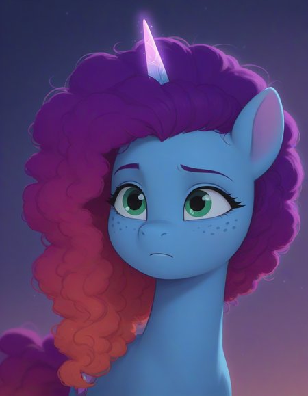 resolution, masterpiece, high resolution, (SOLO: 1.2) my little pony, friendship is magic, wild, detailed background, Misty Brightdawn  , unicorn, pony, freckles, blue body, green eyes, curly hair rebirth look, gradient hair, purple and orange (hair,curly hair, curly hair slicked back:1.3)    <lora:Misty_Brightdawn323:0.7>