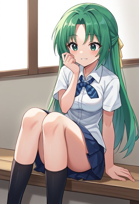score_9, score_8_up, score_7_up, 1girl, solo, source_anime  BREAK  sonozaki shion, green hair, long hair, green eyes, yellow ribbon, white shirt, blue necktie, pleated skirt, sitting, black kneehighs,  <lora:SHionAdapt0.5 15-000011:1>