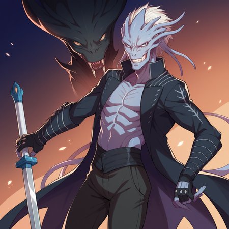 score_9, score_8_up,score_7_up, source_anime, 
BREAK
alien humanoid dmc5vergil, black coat, fingerless gloves, pants, holding sword, grin, head tilt, from side, looking at viewer, solo,
 <lora:dmc5_vergil_ponyXL:0.8>  <lora:Potat-Alienfier_humanoid-V1PN:-1.25>