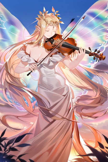 masterpiece, best quality, absurdres, 1girl, solo, Aurora\(Fate\), Aurora\(Fate\)'s off-shoulder gown, Aurora\(Fate\)'s diadem, Aurora\(Fate\)'s gradient butterfly wings, Aurora\(Fate\)'s neck ring, playing instrument, violin, closed eyes, light smile, outdoors, sky, wind, <lyco:syyle-jimaXL_ANI31_lokr_V43P1:0.7>, <lora:Aurora-anxl31-000059:0.8>,