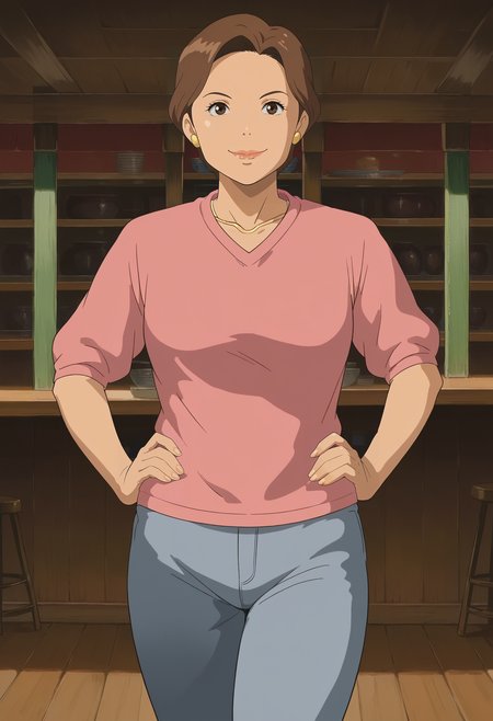 <lora:Yuuko_Ogino-Sen_to_Chihiro_no_Kamikakushi:0.9>,Yuuko,mature female,1girl,solo,brown hair,short hair,pink shirt,pants,cowboy shot,hands on own hips,looking at viewer,indoors,light smile,