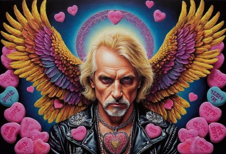 lazypos
Traditional tattoo art print in vibrant glowing colors and retro flair, depicting a surreal symmetrical portrait of Judas Priest's metallic eagle made from candyhearts, Strong moody style, low contrast, complex ornamental details against a plain background, reflecting minimalist environmental art and conceptual memory.