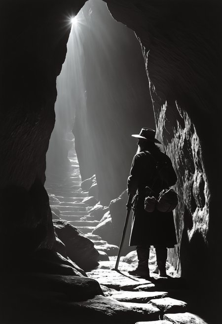 In the dimly lit depths of the cave, a seasoned miner, equipped with his trusty oil lamp, carefully navigates through the shadows. His steady footsteps echo softly against the rocky walls as he ventures deeper into the unknown. colonizer geologist dress code, gold nuggets, deep cold shadows,

With each flicker of the lamp's flame, the miner's keen eyes scan the rugged terrain, searching for any glimmer of hope amidst the darkness. Suddenly, a spark of light catches his attention, and his heart quickens with anticipation.

Drawing nearer, the miner's breath catches in his throat as he discovers a vein of gold, glistening like a beacon of possibility against the rough stone. With steady hands, he extracts the precious ore, his movements deliberate and sure. ((Stretching out his hand to see in the dark)), lit part of the face, with obvious expression of surprise:1.3

As the light from his lamp dances across the newfound treasure, a sense of accomplishment washes over the miner. With each passing moment, the once-hidden riches become a tangible symbol of his resilience and determination in the face of adversity.

In the quiet solitude of the cave, surrounded by the warmth of his oil lamp and the promise of newfound wealth, the miner stands as a testament to the power of perseverance and the rewards of unwavering dedication.
