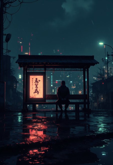 chaiscuro photo, city lights, dark, night,old japanese bus stop, village, manga, rain, beautiful , lights,detailed background atmospheric, light flares, intricate details, enhanced lighting, no lights, dark smoky shadow  sitting in bus stop bench,
cinematic scene , hyperdetailed, mysterious atmosphere, gorgeous lighting, bioluminescense, red eye, breathtaking landscape, adventurous, cosmic horror,filme grain, realistic, unreal engine 5, ultra creative composition, chaos, particles in the Air, detailed ground, depth, dramatic shading