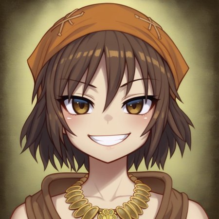 mana_sk style, portrait, focus on face, a daring treasure hunter girl with messy dark brown hair and sharp hazel eyes, wearing a tattered bandana and a necklace made of ancient coins, her mischievous grin revealing her fearless nature, faint glimpses of hidden caves in the background, Japanese RPG style, adventurous and bold atmosphere, intricate details on her bandana and necklace