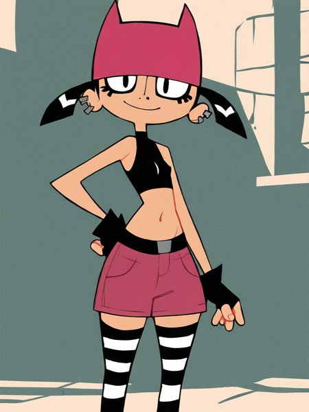 <lora:TiffPony1.0:0.8> tiff, 1girl, black hair, mascara, ear piercing, short hair, short twintails, solo, smile, pink cat hat, black eyes, black crop top, black fingerless gloves, navel, pink shorts, striped thighhighs, standing, looking at viewer, score_9, score_8_up, score_7_up, score_6_up, score_5_up, score_4_up,flat chest, covered nipples, outdoors, hand on hand on own hip,