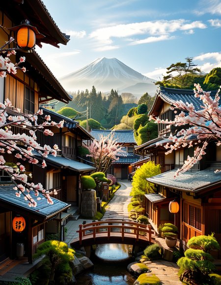 A picturesque traditional Japanese village nestled in a serene valley, surrounded by lush green mountains under a soft morning mist. The village consists of wooden houses with thatched roofs (gassho-zukuri style), showcasing intricate wooden details and sliding paper doors. A narrow stone-paved path winds through the village, leading to a small red torii gate at the entrance of a Shinto shrine. Cherry blossoms in full bloom line the streets, their pink petals gently falling in the breeze. A tranquil river flows through the village, crossed by an old wooden bridge with moss-covered stones. Villagers in traditional kimonos and straw hats go about their daily livesâan elderly man sweeping his porch, a woman carrying a basket of fresh produce, and children playing near a koi pond. The atmosphere is peaceful and nostalgic, with warm sunlight filtering through the trees, casting dappled shadows on the ground. The scene is rich in traditional Japanese aesthetics, evoking a sense of harmony and timeless beauty.
<lora:SDXLFaeTastic2400:0.4> <lora:extremely_detailed:0.4> extremely detailed,<lora:traditional_Japanese_v1ll4g3:1>,traditional Japanese v1ll4g3, Masterpiece,best quality,hi res,8k,hi res,8k,award winning,(sharp focus, intricate, highly detailed),