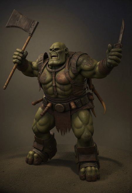 Score_9_up, absurdres, source: GamesWorkshop, grimdark, gothic horror, Warhammer 40000, a snarling ork is waving an axe in one hand and firing a machinegun in the other, lifelike, hyperrealism, perfect hands, perfect anatomy, project unreal engine