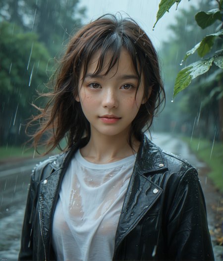 (score_9,score_8_up,score_7_up),
photorealistic, photography, depth of field, immersive lighting, cinematic,
Japanese, asian, monolid, looking at viewer, open black jacket, white shirt,
raining, heavy rain, storm, leaves, heavy mist, wind, windy hair,