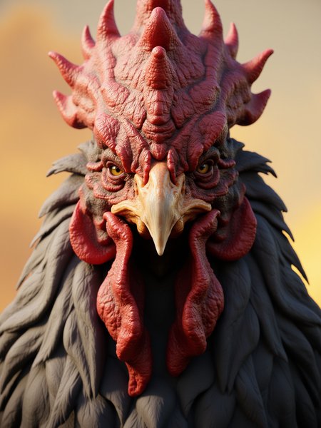 w1z_an1m4, A striking humanoid rooster with piercing golden eyes and a majestic, intricate red comb resembling a crown. Its regal presence is enhanced by a flowing mane of thick gray feathers, each individually detailed. The powerful beak is sharp, and its deep, intelligent gaze suggests wisdom and strength. The soft, warm sunset light highlights the intricate textures of its skin and feathers, giving it a grand, almost mythological presence.