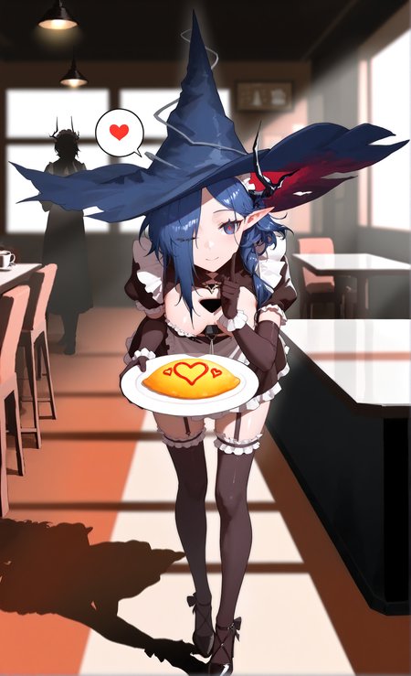 masterpiece, sharp detail, intricate detail, hair shader, detailed hair, 1girl,  <lora:Ermengarde:0.7>, ermengarde \(arknights\), hole in chest, blue hair, blue eyes, red pupils, horns, witch hat, hair over one eye, maid headdress, maid apron, frilled gloves, elbow gloves, frilled thighhighs, high heels, shiny, holding plate, omurice, whispering, index finger raised, wink, spoken heart, cafe, pov across table,  indoors, leaning forward, table, pov, chiaroscuro, volumetric lighting, dramatic shadows, cinematic lighting, detailed background, light and shadow contrast,