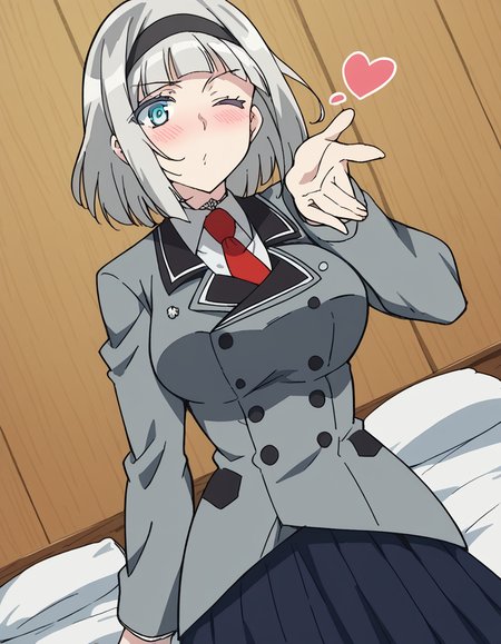score_9, score_8_up, score_7_up, source_anime, <lora:anna-nishikinomiya-s1-ponyxl-lora-nochekaiser:1>, anna nishikinomiya, short hair, blue eyes, grey hair, hairband, aqua eyes, large breasts,, skirt, school uniform, pleated skirt, necktie, black skirt, red necktie, grey blazer, long sleeves,, armory, weapons, armor, storage racks, military, , <lora:blowing-kiss-ponyxl-lora-nochekaiser:1>, blowing kiss, pucked lips, heart, one eye closed, o3o, hand up, bed room, bed, blush, cowboy shot, dutch angle,, looking at viewer, solo,, dutch angle, cowboy shot