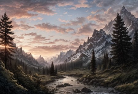 a realistic mountain valley at sunrise, detailed textures, soft natural lighting, atmospheric perspective, realistic clouds and foliage, realistic textures, RAW photo, 8k, uhd, dslr, high quality, realistic photograph, depth of field, skyrim