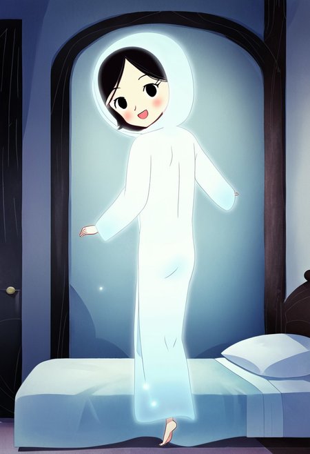zPDXL3, source_cartoon, Perfect Hands, full body,
1girl, solo, aged down, bedroom, looking at viewer, saoirse, black hair, black eyes, blush, ghost, hood up, robe, barefoot, glowing, dancing on bed, from behind, facing at viewer, feeling cold, eyes open, smile, open mouth, sleeve past wrist, slim body, highlight cloth wrinkle, anime style, kicking, jumping,
<lora:Perfect Hands:1>  <lora:Saoirse_-_The_Song_of_the_Sea-000009:1>