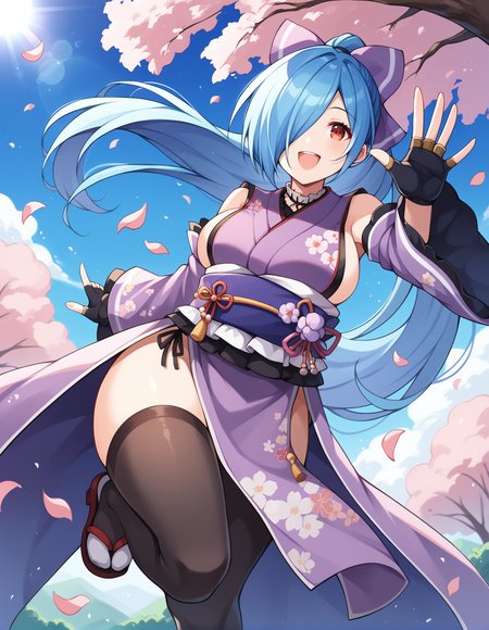 score_9, score_8_up, score_7_up, score_6_up, score_5_up, score_4_up, source_anime, rating_safe, BREAK <lora:IoriXL_LoRA-C3Lier_AdamW_Dim16_Alpha16_UN-3e-4_TE-1.5e-4_10batch_ponyDiffusionV6XL_v6StartWithThisOne:1>, yamato iori, 1girl, blue hair, hair over one eye, long hair, ponytail, red eyes, virtual youtuber, large breasts, hair bow, purple bow, sleeveless kimono, floral print, purple kimono, frilled choker, detached sleeves, fingerless gloves, obi, sash, white frills, pelvic curtain, black thighhighs, dutch angle, floating hair, floating, jumping, wind, smile, happy, reaching towards viewer, waving, falling petals, cherry blossoms, blue sky, cloud, sunlight, lens flare
