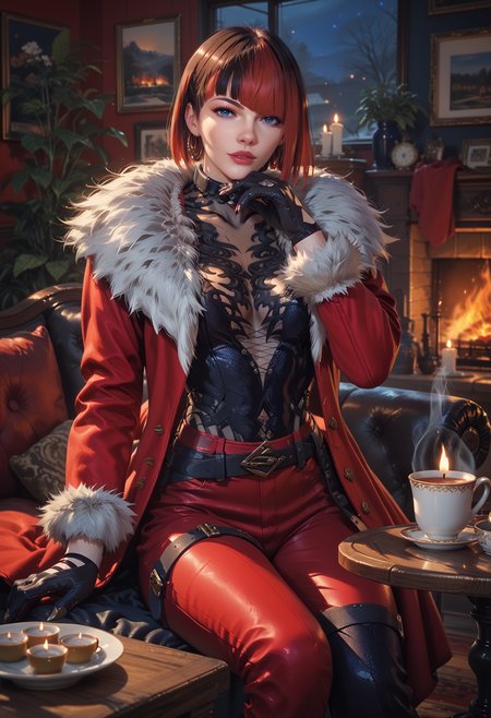 (score_9, score_8_up), score_7_up,  <lora:PonyAnn4W:1> Ann4W, 1girl, fur coat, pants, belt, gloves, sitting, cup of tea, hot tea, posing, looking at viewer, living room, fireplace, fire, night, candle-lit, sultry look