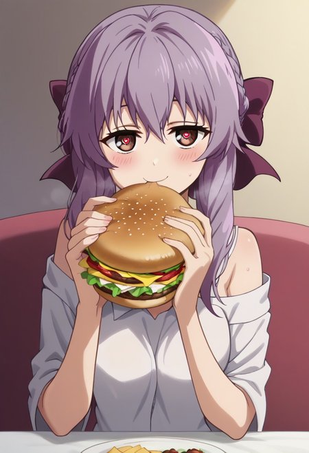 sitting on seat, upper body,
eating gurger, holdinf burger, dokaguiburger
rating explicit,
BREAK
score_9,anime screencap, masterpiece, ambient lighting,
1girl,solo,shinoa hiragi,long hair,braid,
head tilt, looking at viewer, half-closed eyes, smile, blush,
sweating, steam, hearts, heart eyes,
BREAK
masterpiece, ambient lighting,
medium breasts, round breasts, 
pink off-shoulder shirt,
table