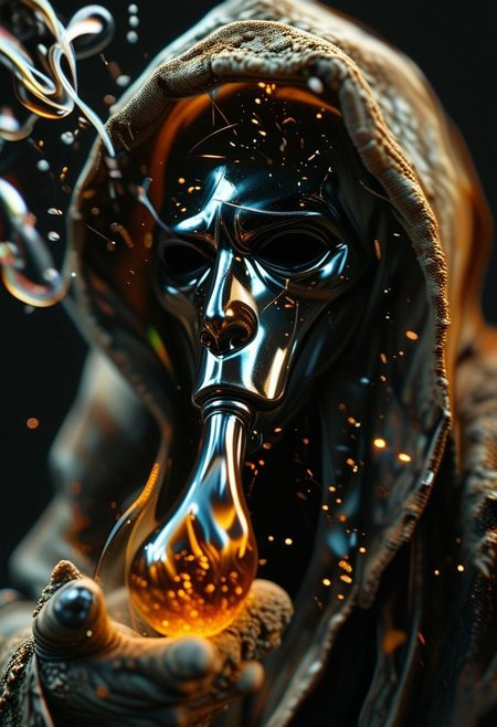 highly detailed, intricate design, darkroom, artist studio, figure in black hooded robe, ((moire pattern), white shroud mask), low angle, medium shot, fluted glass, glass blowing, molted glass, lava texture, sand particles, multiple exposure, chiaroscuro lighting, dynamic angle, ,chemigram, flux-style, light and shadow by reij-shdwgms