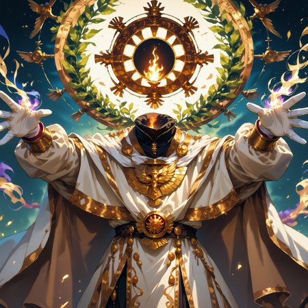 headless,glowing halo, score_9, score_8_up, score_7_up, solo, ancient greek clothes, white cloak, black undershirt, magic, arkane_dark, cowboy shot, arms up, outstretched arms, flame, white gloves, laurels, olive, gold_trim, ornament, detailed background, depth of field.
