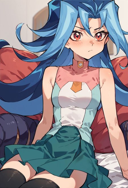 score_9, score_8_up, score_7_up, uncensored, source_anime, 
1girl, blue hair, multicolored hair, dyed bangs, riouni, sleeveless, sleeveless shirt, green skirt, black thighhighs