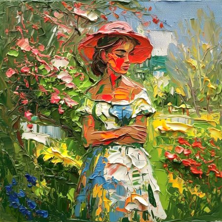 impasto girl  in garden<lora:impasto:1>