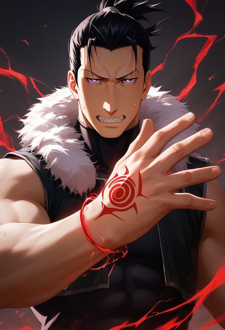 score_9, score_8_up, score_7_up, score_6_up, perfect anatomy, perfect proportions, best quality, masterpiece, high_resolution, high quality, aesthetic, absurdres, (male focus), solo male, source_anime, anime coloring, Greed, GreedFMAPony, black hair, short hair, purple eyes, (sanpaku, small pupils, thin eyebrows:1.5), sleeveless, black turtleneck undershirt, black vest, white fur trim, black pants, adult, mature, masculine, manly, handsome, charming, alluring, standing, portrait, headshot, close-up, from front, dutch angle, dark background, dark atmosphere, look at viewer, (one arm raised over face, show arm), sleeves rolled up, BREAK ouroboros homunculus red hand tattoo \(Fullmetal Alchemist\), glow tattoo, red lightning, red glow, electrokinesis, command spell, perfect lighting, cinematic, dynamic angle, sweat drop, fighting stance, serious, angry, mad, smirk, sharp teeth
