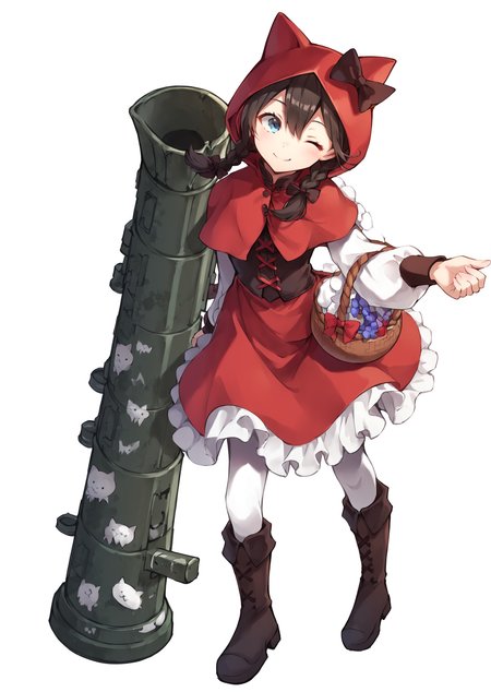 core_9, score_8_up, score_7_up, score_6_up, score_5_up, score_4_up,  <lora:Codename_Red_Riding_Mina_-_The_Battle_Cats:1> cnrrmina, 1girl, solo, smile, blue eyes, simple background, black hair, white background, dress, weapon, braid, boots, one eye closed, hood, twin braids, basket, rocket launcher, little red riding hood (grimm), BREAK source_anime