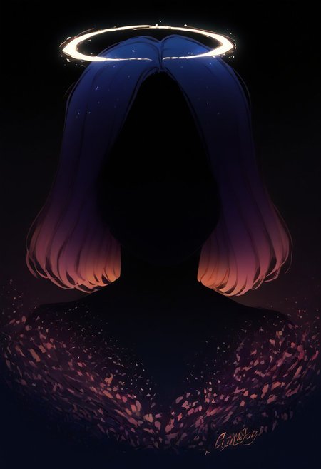 uru5h1h4r4, 1girl,realistic,score_9,score_8_up,score_7_up,score_6_up,score_5_up,score_4_up glowing frame,backlight colors,silhouette colors,cosmic frame,beautiful woman in a frame, (G4L4XY3Y3S), silhouette,backlighting,vibrant,magical night sky, (angel), wings, feathered wings, paranormal, blushing, shy, (averting eyes), lips, circlet, gradient hair, sidelocks, illustration,soft,beautiful,dreamy, anime, twinkling night sky,extremely detailed, illustration,half colored sketch,anime,masterpiece,bright colors,high contrast,vivid lighting,dark background,simple background, BL4CK3STBL4CK, black_theme, matte_color, flat_color