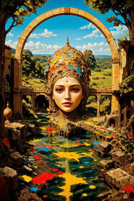 very big head, aqueduct, beautiful surreal landscape, woman reading over a big human head, paint stains in the water, vivid colors, colorful, multilayer paint splash style, <lora:Hand v2:1> <lora:Anti-Blur:1> <lora:Insane Detail Slider:0.5>   <lora:Flux.1_Turbo_Detailer:0.6>   <lora:flux-photo-transparent_Alpha_1.0:0.8> <lora:flux.1_lora_flyway_Epic-detail_v2:1>   <lora:Painterly01b_CE_FLUX_AIT:0.8> pntrlyCE_style <lora:PsykeV1:1>  <lora:VividlySurreal:1>