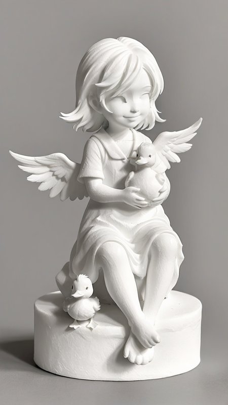 <lora:3DPrintingXL:1>,whitemold,3d printed mold,art style,greyscale,monochrome, 1girl, solo, duckling, small wings, smiling, fluffy feathers, sitting, simple background, clean lines