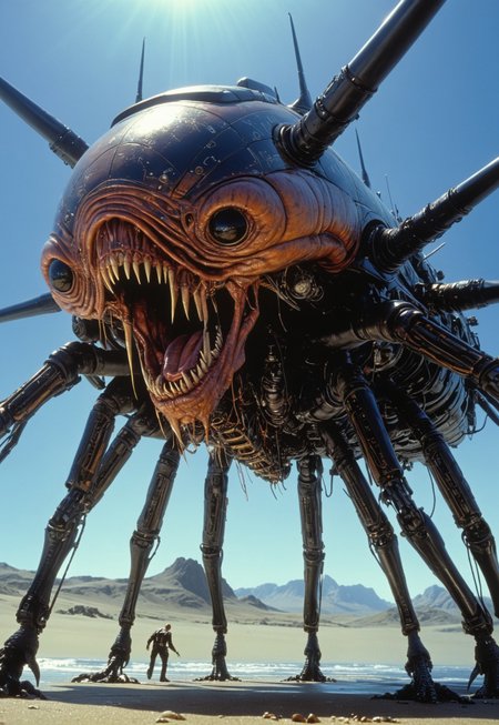 highly detailed and hyper realistic.

photo by Peter Elson , creature, bizarre, abnormal, otherworldly, matrix movie still, low angle. 

highly dramatic lighting, finest details, maximized details, ultimate detail level, masterpiece, best quality.