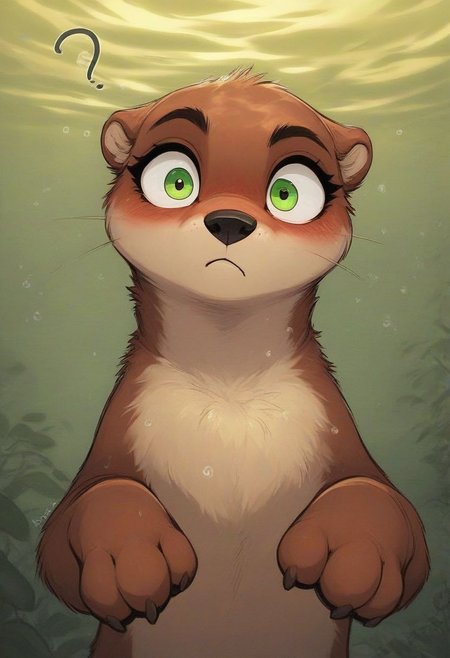 score_9, score_8_up, score_8, solo, fluffy, (feral), outdoors, furry, (((otter))), (female:1.5), green eyes, chest, claws, (wet fur), in the style of beatrix potter, (surprised),(confused expression:2), underwater, (looking at viewer:1.2), swimming, head tilt, blush