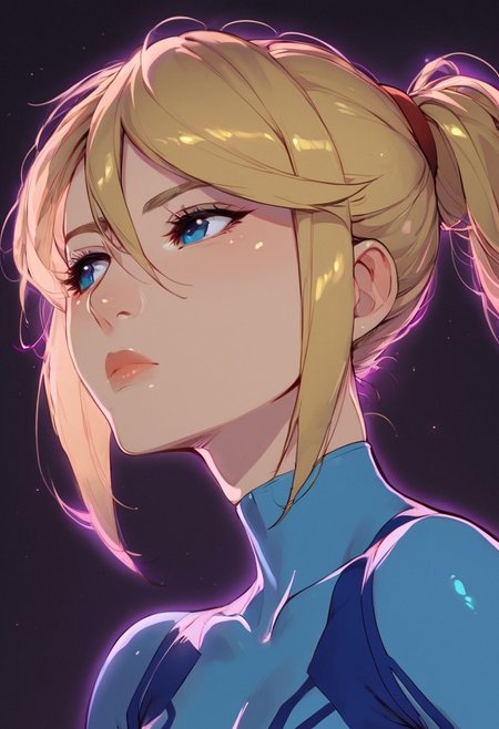 defSamus, blonde hair, bodysuit, blue clothes, gloves, from front, dynamic angle, under light, 
,masterpiece,best quality, score_9, score_8_up, score_7_up, score_6_up,source_cartoon, shiny skin, simple, face focus, from side, 
BREAK, 1girl, tying hair, vigilant, purple lighting, 
bright lighting, colored outline, pronounced outline, glowing border, bright background, space station background, Expressiveh, neon lighting, RGB lighting, torso up, top half, cave background, black cave background, slimy background